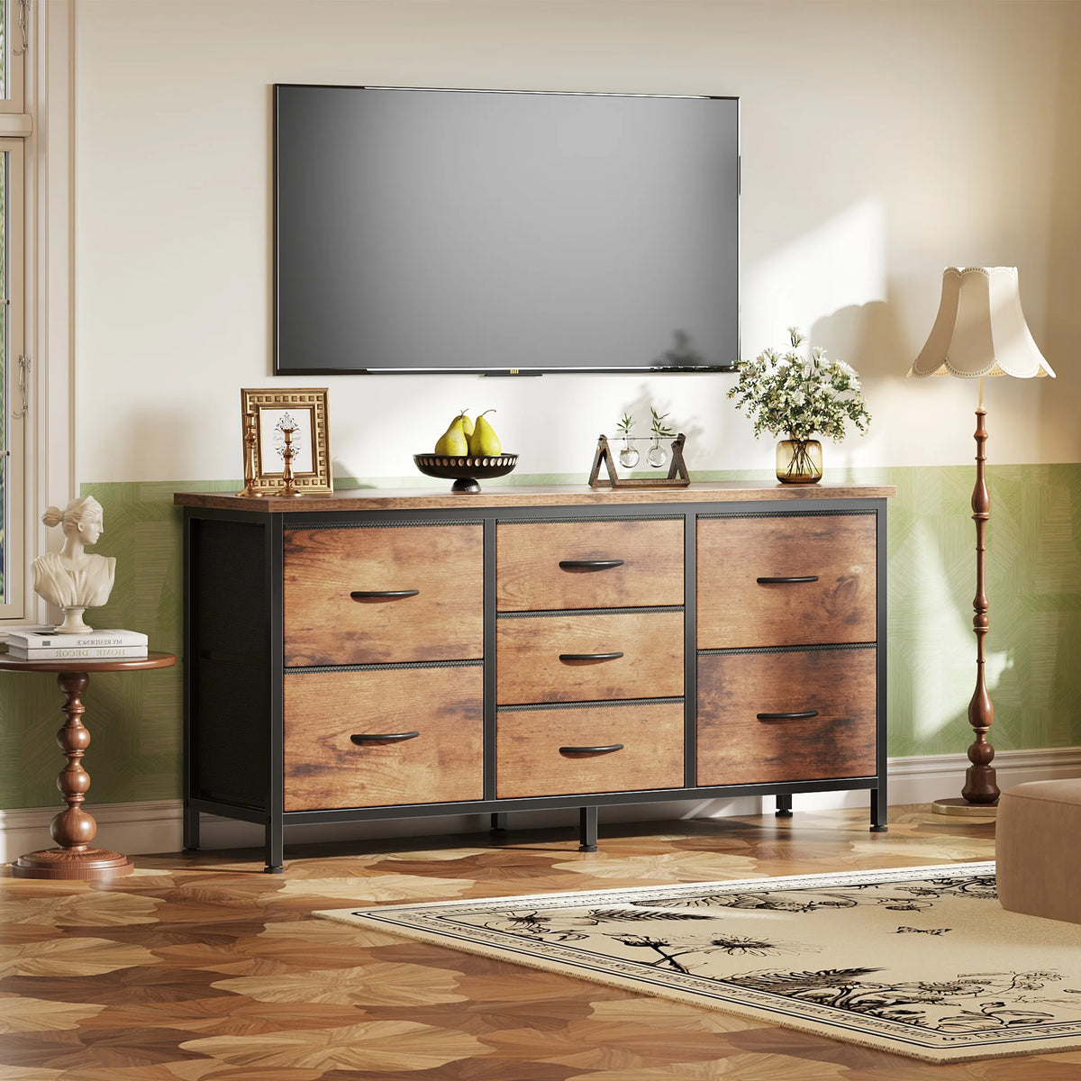 JHK 7 Drawer Drawers TV Stand Dresser Wood Top Media Console for 32-55 inch TV Stand with Metal Frame Storage Display Furniture