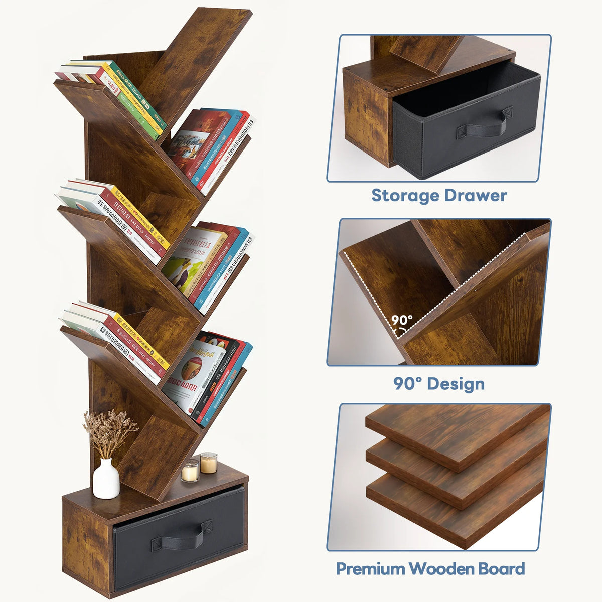 JHK 43IN Geometric Wooden Book Rack 7-Tier Tree Bookshelf Bookcase with Drawer Slim Corner Bookshelf for Home Small Spaces