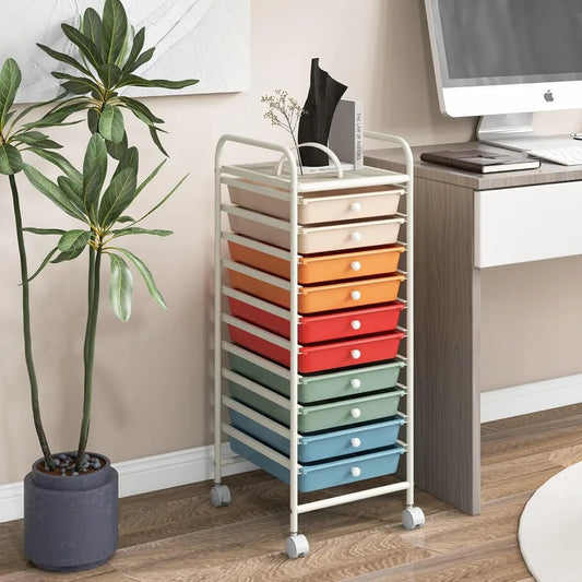 Ten Drawer Rolling Cart with Wheels Metal Frame Mobile Storage Trolley for Small Spaces Makeup Kitchen Office Playroom