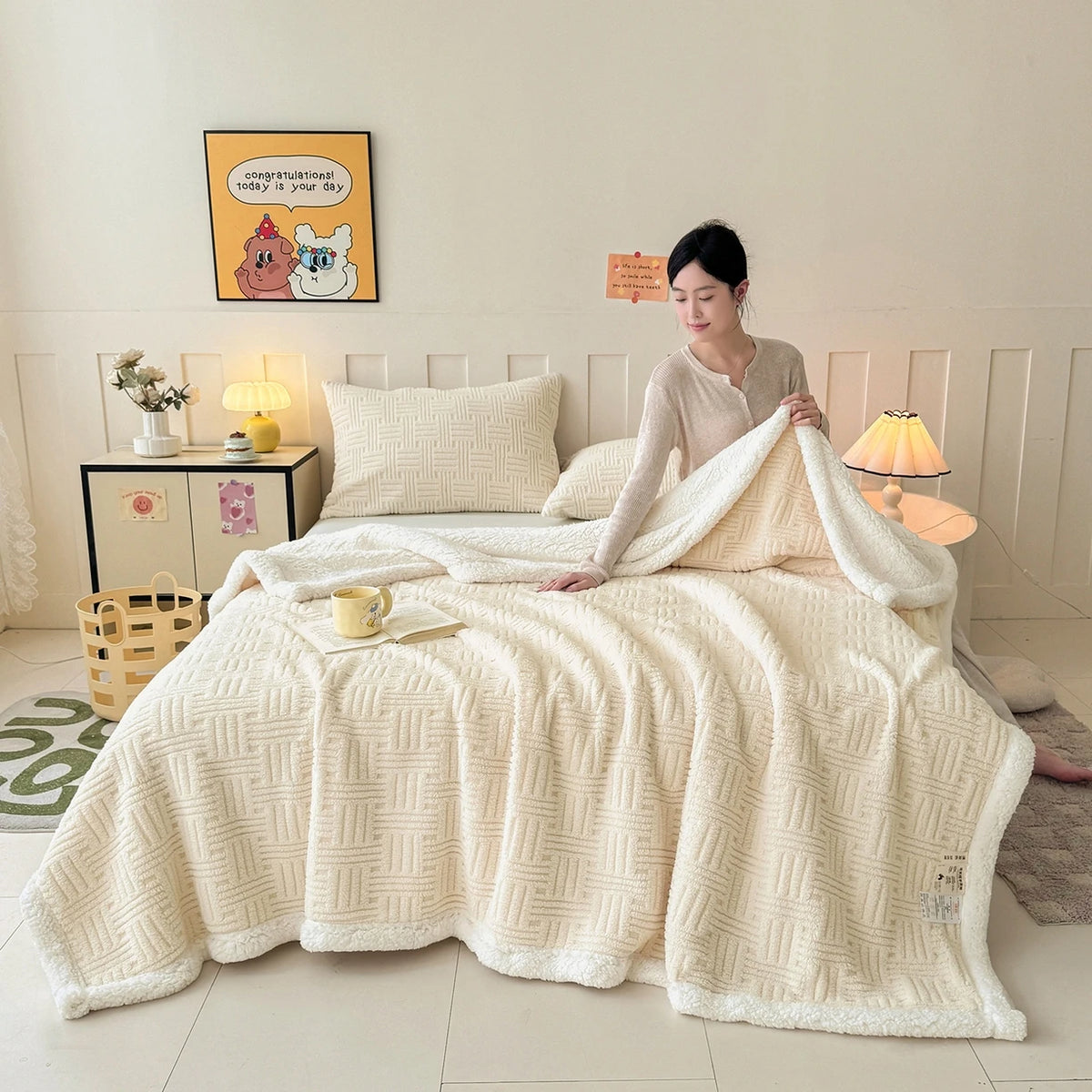 Throw Blanket, Double-Layer Vertical And Horizontal Striped Blanket, 3D Stripe Reversible, Ultra-Soft And Skin-Friendly for All Seasons, Suitable for Sofa/Bed/Office/Lunch Break/Travel, Machine Washable
