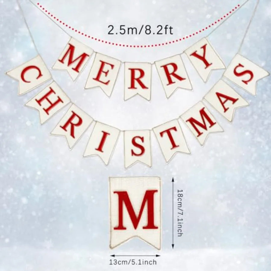 Christmas Burlap Banner Felt Merry Christmas Banner Pre-Assembled White Xmas Bunting Garland Celebration Hanging Decorations fo
