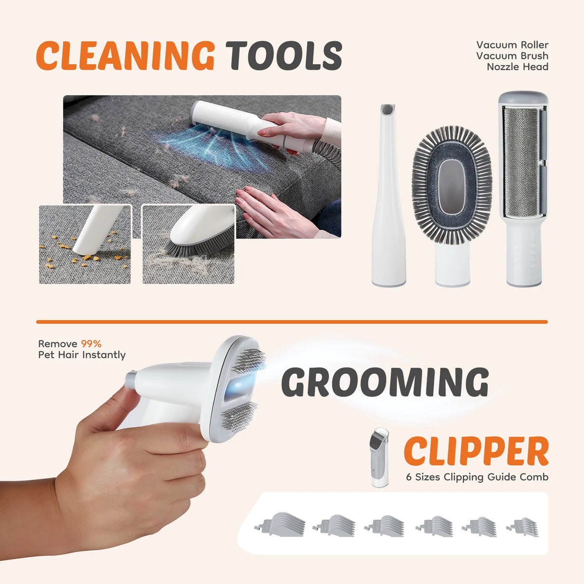 JHK 2.5L Professional Pet Grooming Vacuum Kit 3 Suction Modes and 5 Groomer Tools with Cordless Low Noise Dog Clippers for Cats