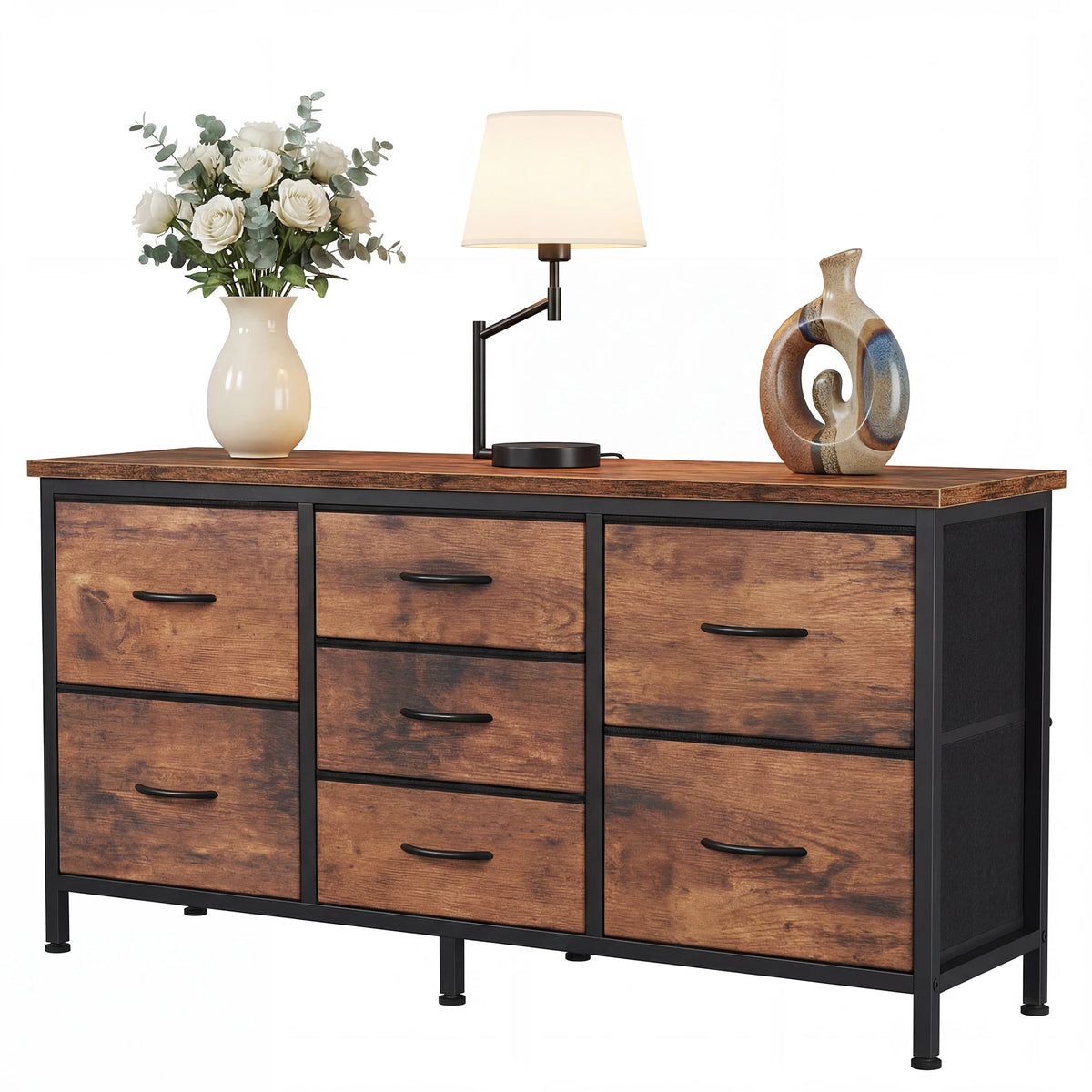 JHK 7 Drawer Drawers TV Stand Dresser Wood Top Media Console for 32-55 inch TV Stand with Metal Frame Storage Display Furniture