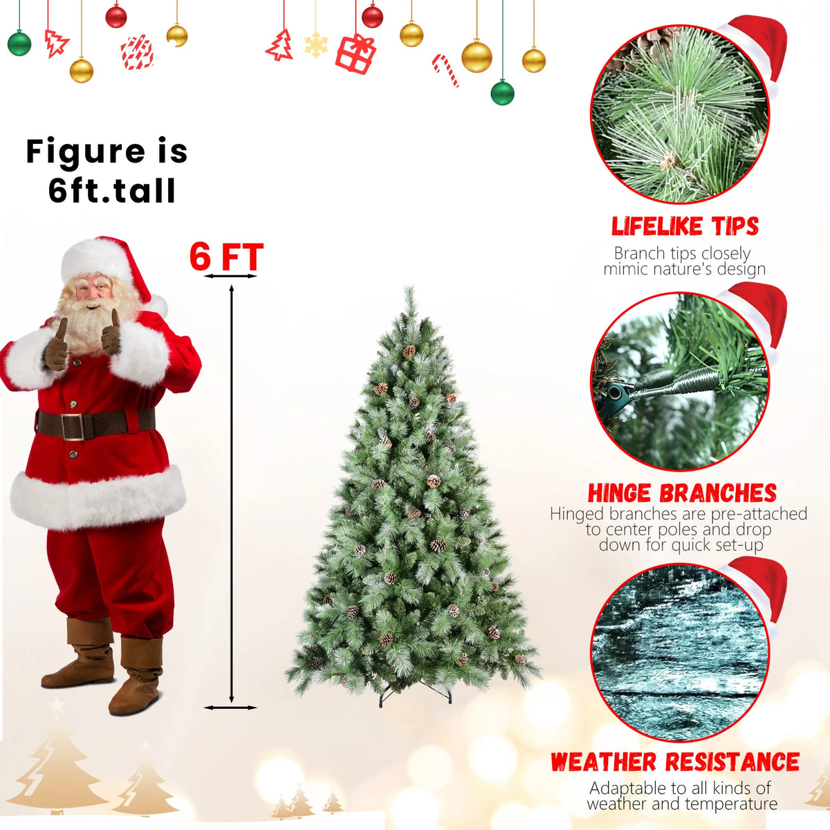 7.5ft Christmas Tree with 92 Pine Cones, 1588 Tip Mixed PVC & Hard Needle Hinged Construction, Easy Setup Artificial Holiday Tree with Heavy-Duty Metal Stand, Green