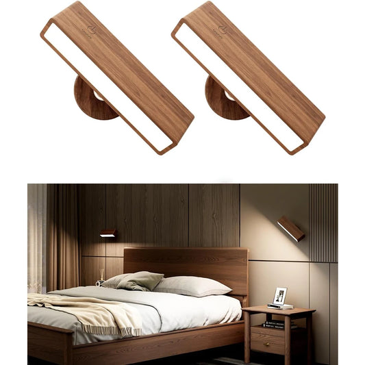 Wireless Magnetic LED Wall Lamp, Solid Black Walnut 360° Rotatable Reading Sconce, Type-C Rechargeable with Remote Control, 3 Color Dimmable Portable Light for Bedroom Bathroom Vanity Mirror