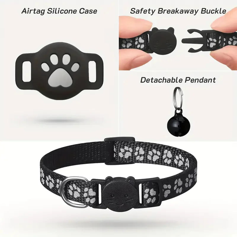 Night Safe Tracker Cat Collar Reflective Paw Design Works iOS & Android Breakaway Buckle Waterproof Anti-Lost Collar for Small Kittens