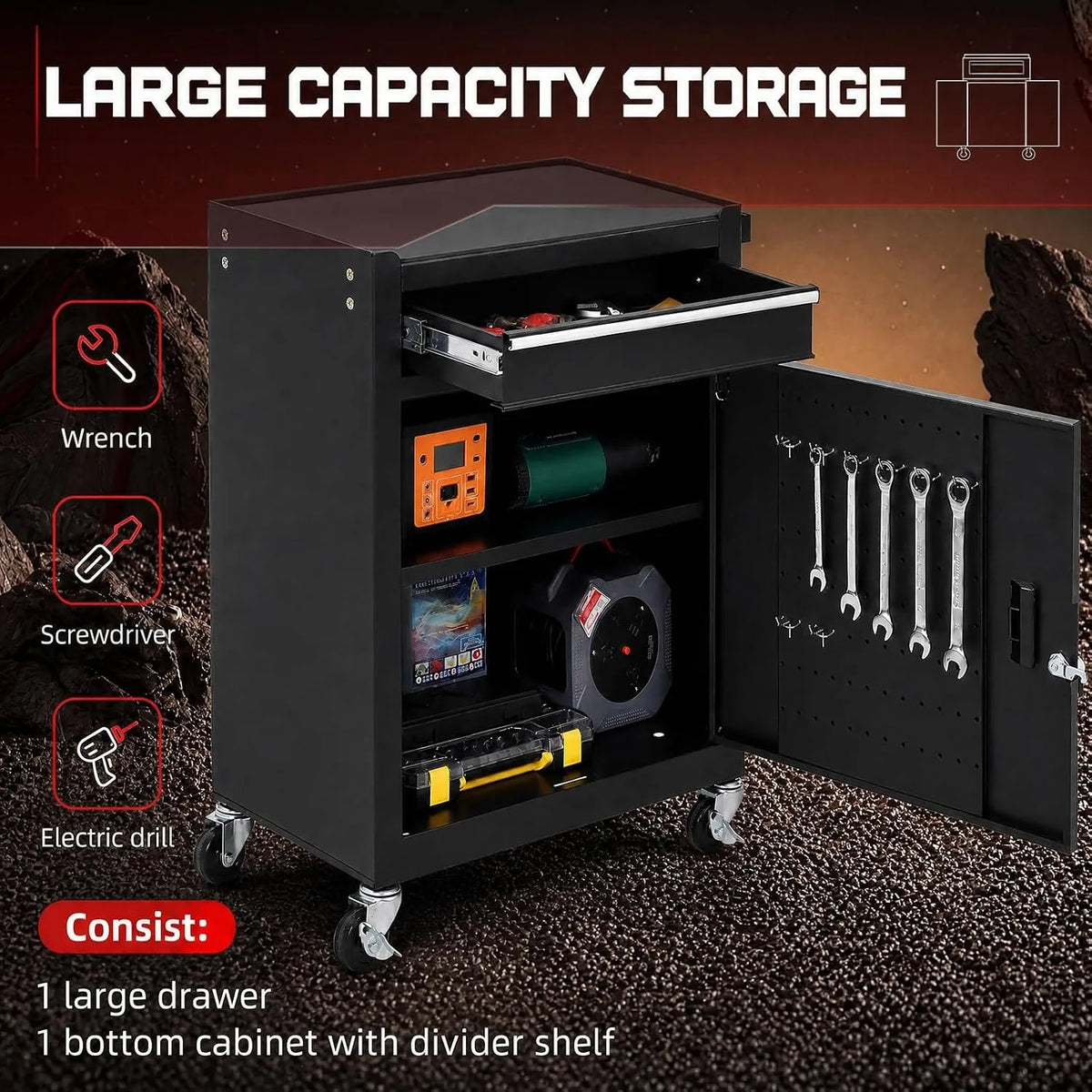 5 Drawer Rolling Tool Cabinet with Lockable Detachable Tool Box, Mobile Steel Tool Storage Organizer with Swivel Wheels, Garage Workshop Mechanic Storage Cart