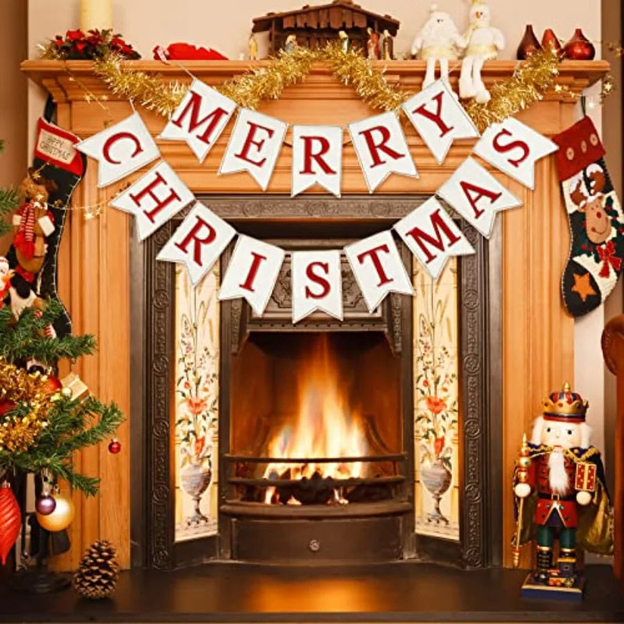 Christmas Burlap Banner Felt Merry Christmas Banner Pre-Assembled White Xmas Bunting Garland Celebration Hanging Decorations fo