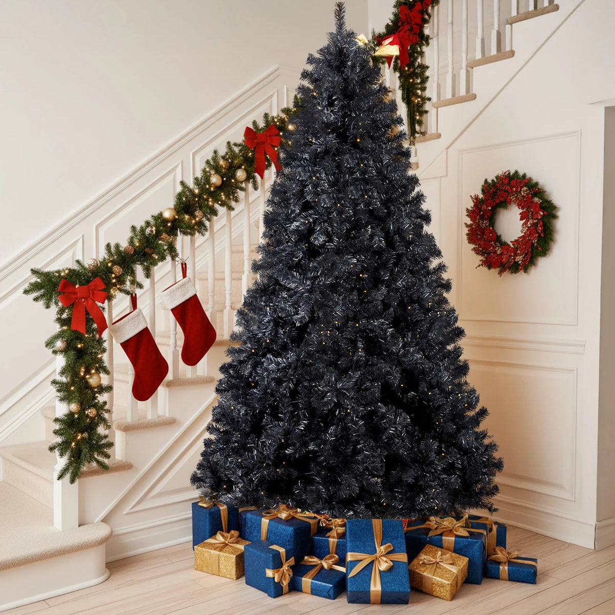 7.5 FT Pre-lit Artificial Christmas Tree, Hinged Xmas Pine Tree with 1350 Branch Tips, 400 Lights and Remote Control for Holiday Party Office Home, Black