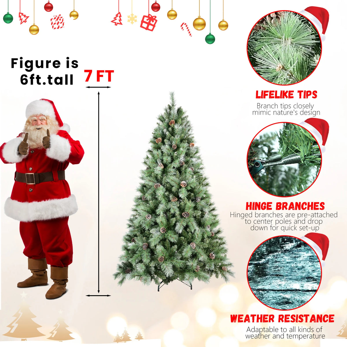 7.5ft Christmas Tree with 92 Pine Cones, 1588 Tip Mixed PVC & Hard Needle Hinged Construction, Easy Setup Artificial Holiday Tree with Heavy-Duty Metal Stand, Green