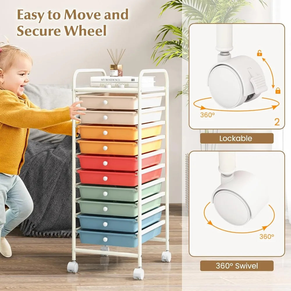 Ten Drawer Rolling Cart with Wheels Metal Frame Mobile Storage Trolley for Small Spaces Makeup Kitchen Office Playroom