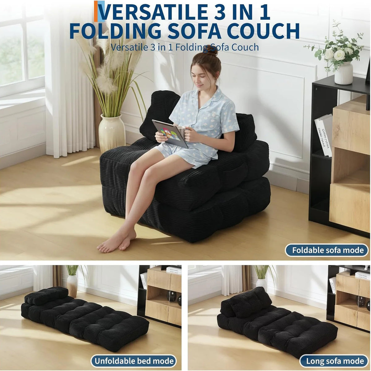 Folding Sofa Bed,Convertible Sleeper Chair with Pillow Foldable Mattress&Side Pocket, Fold Out Chair Bed Comfy Floor Sofa Lounge