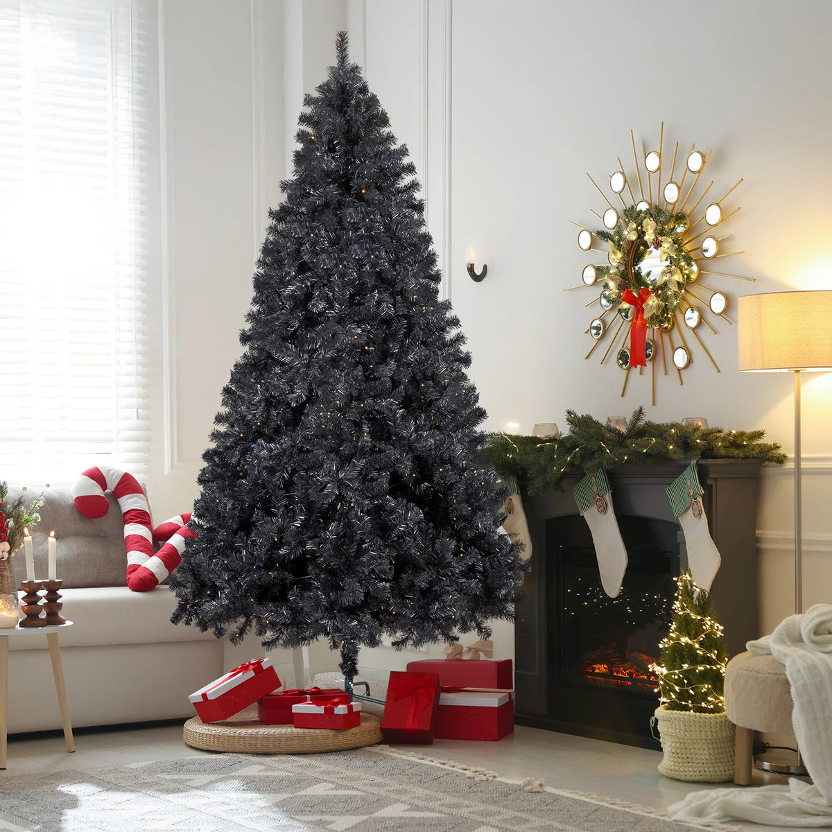 7.5 FT Pre-lit Artificial Christmas Tree, Hinged Xmas Pine Tree with 1350 Branch Tips, 400 Lights and Remote Control for Holiday Party Office Home, Black
