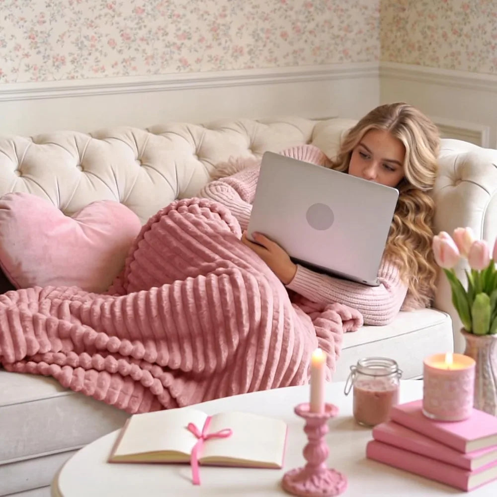 Extra Large 50x60 Inches Super Soft Fleece Throw Blanket for Couch and Bed Ultra Plush Fluffy Fuzzy Cozy Lightweight Decorative Living Room Blanket Warm 3D Ribbed Jacquard Knit Pattern Pink Rose Coral Blush Pastel