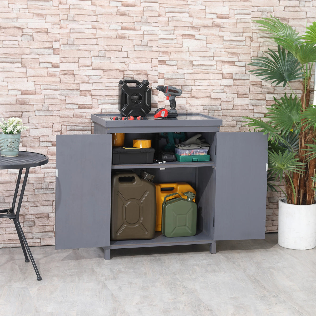 Garden Storage Cabinet Outdoor Tool Shed with Top and Two Shelves, Gray
