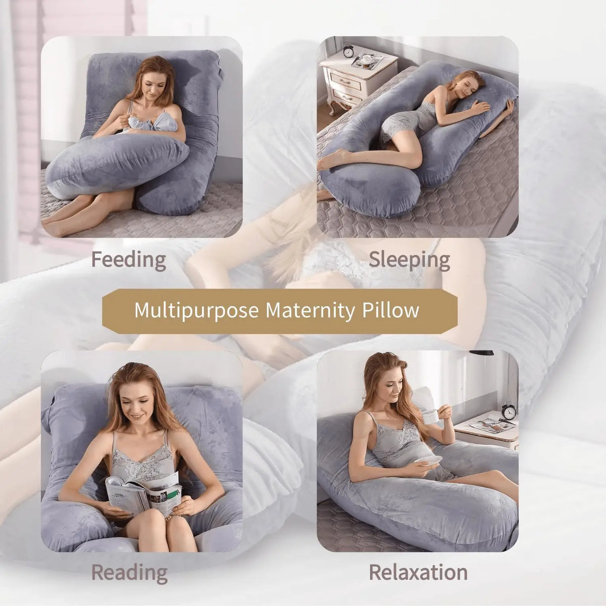 70*120cm Grey Crystal Velvet G Type Full Body Pregnancy Pillow Cooling Maternity Pillow for Sleeping with Removable Washable Cover for Pregnant Women