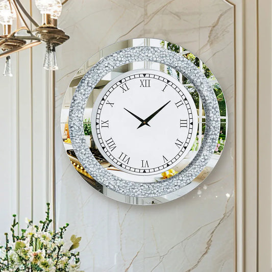 Large Mirror Wall Clock with Crushed Diamond Edge, Sparkling Bling Bling Crystal Round Clock for Living Room, Luxury Glamorous Home Decor, Silent Non-Ticking Quartz, Silver/Tawny Roman Numeral Modern Wall Art