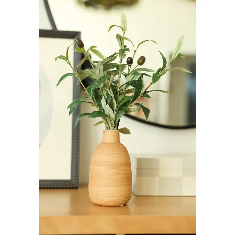 Artificial Olive Arrangement in Wood Finish Ceramic Vase for Tabletops