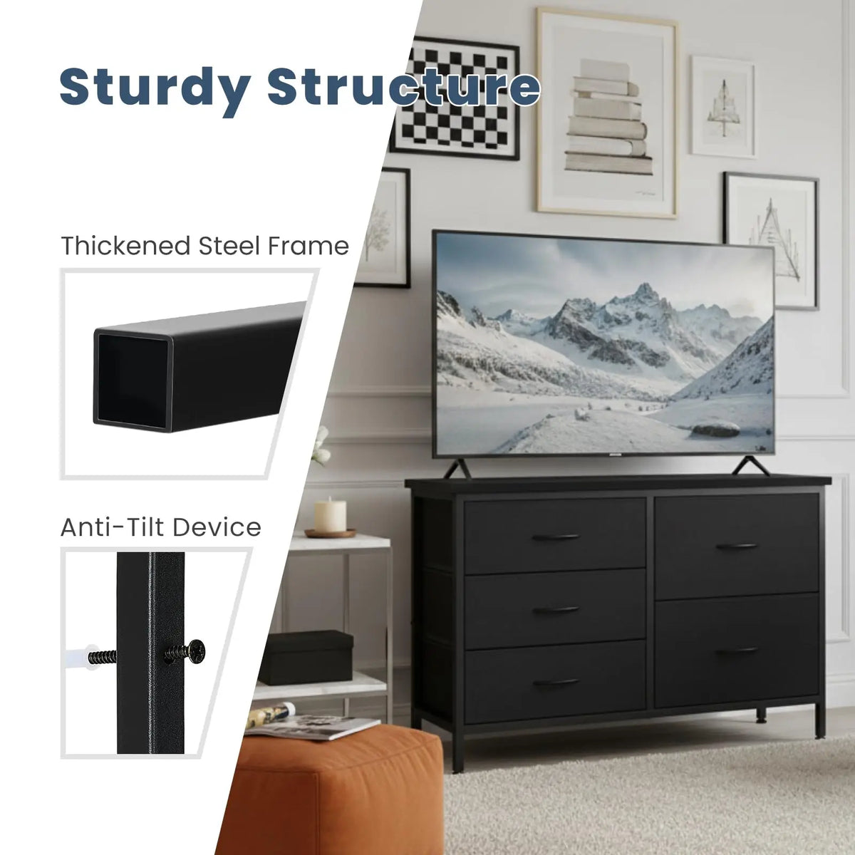 MCQ Cabinet With 5 Fabric Drawers Metal Frame Beside Nightstand Dresser TV Stand Tables Various Storage Display Home Furniture