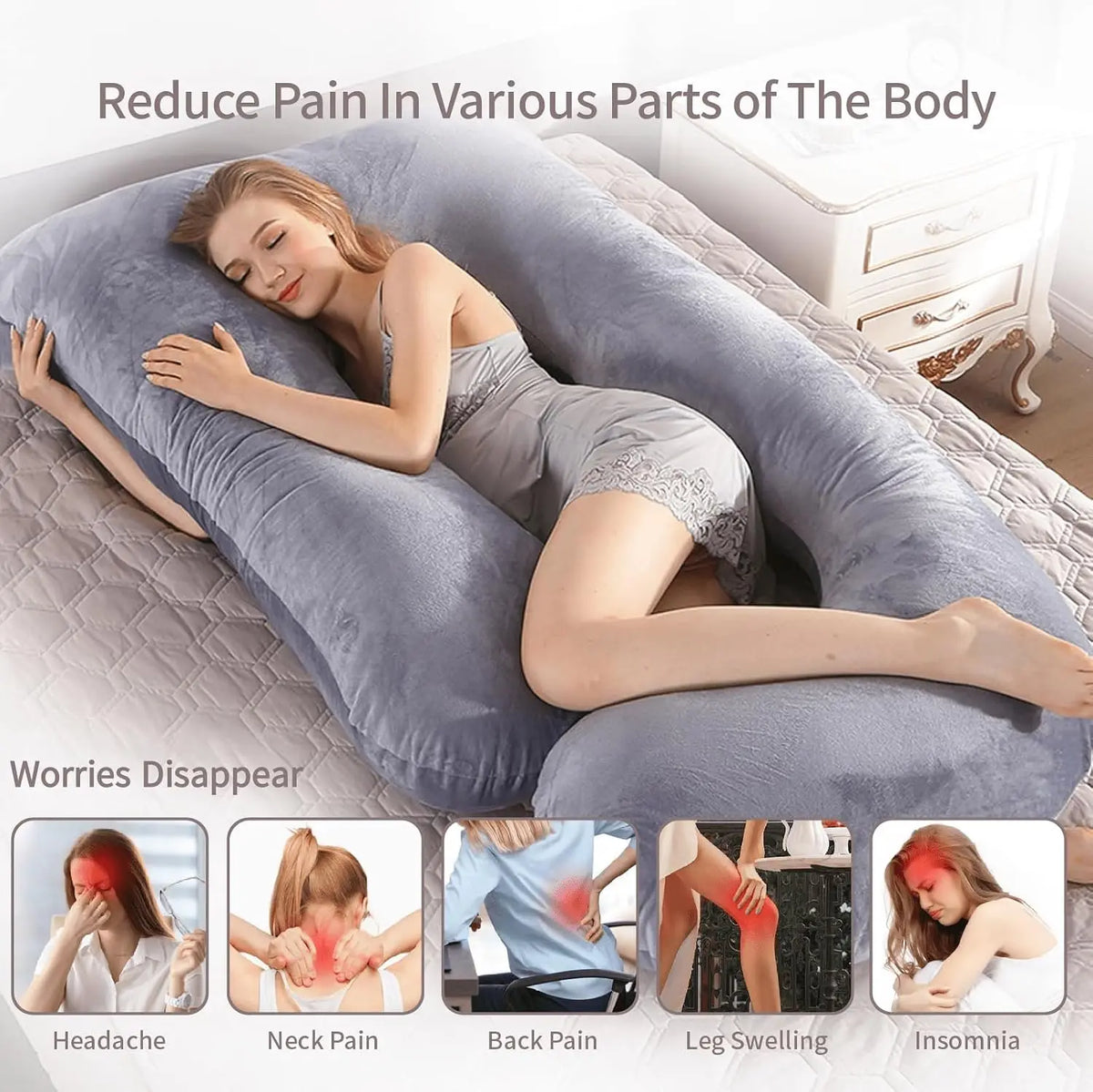 70*120cm Grey Crystal Velvet G Type Full Body Pregnancy Pillow Cooling Maternity Pillow for Sleeping with Removable Washable Cover for Pregnant Women