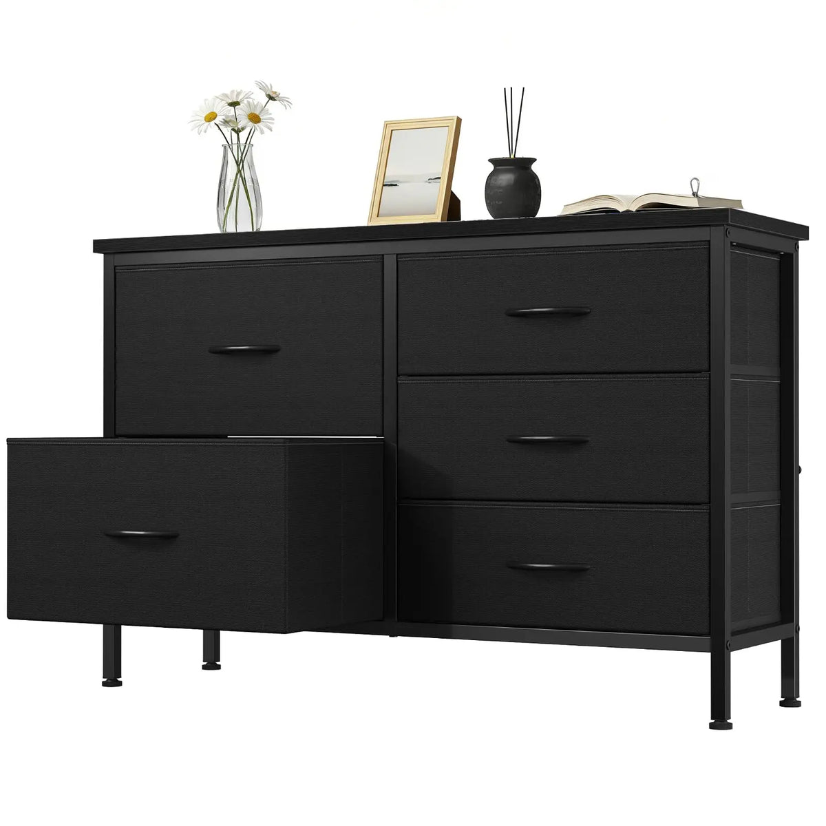 MCQ Cabinet With 5 Fabric Drawers Metal Frame Beside Nightstand Dresser TV Stand Tables Various Storage Display Home Furniture