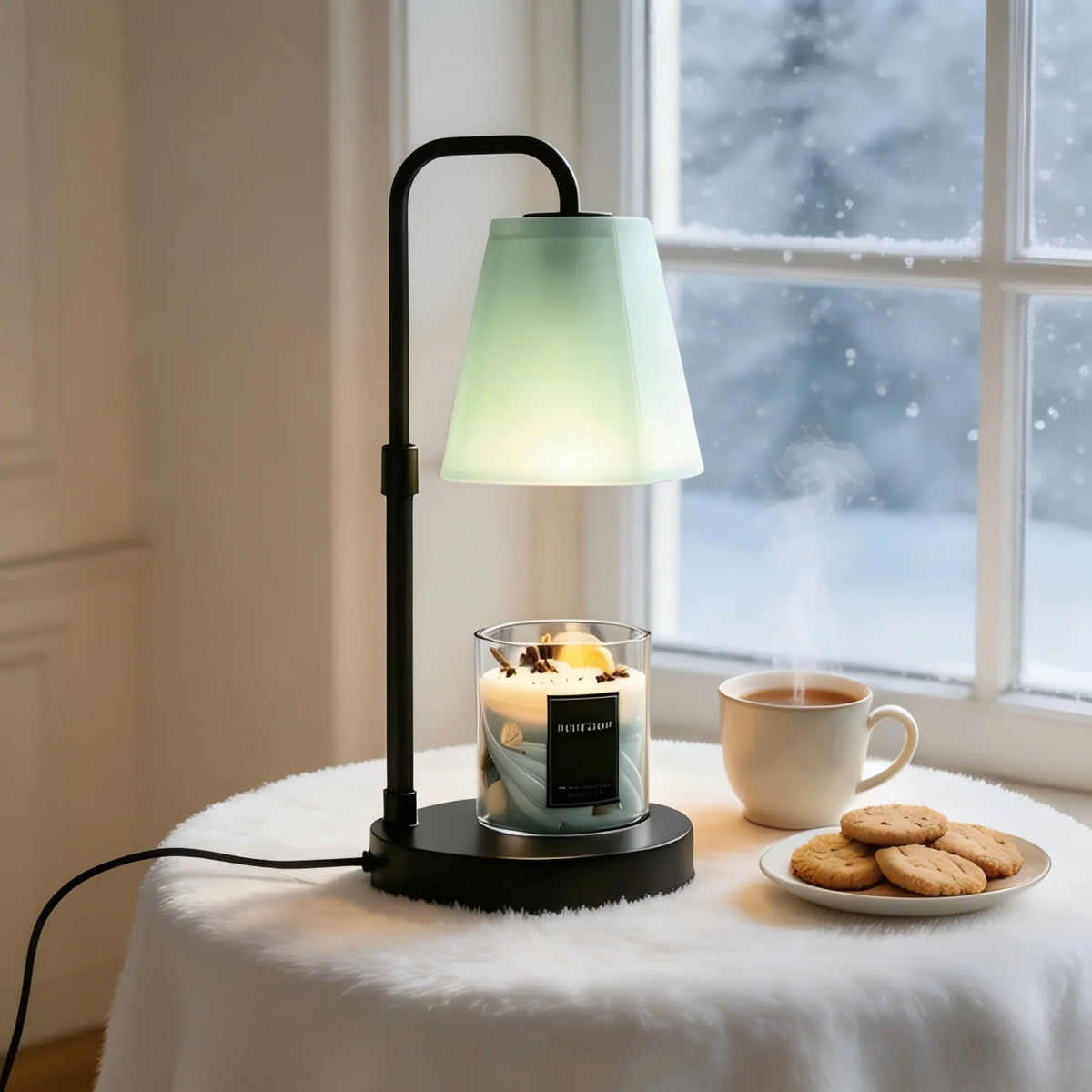 Mint Green Glass Shade Candle Warmer Lamp, 4-Key Smart Timer Electric Wax Melt Warmer with US Plug, Dimmable Wax Burner for Home Fragrance, Bedroom & Office Decor