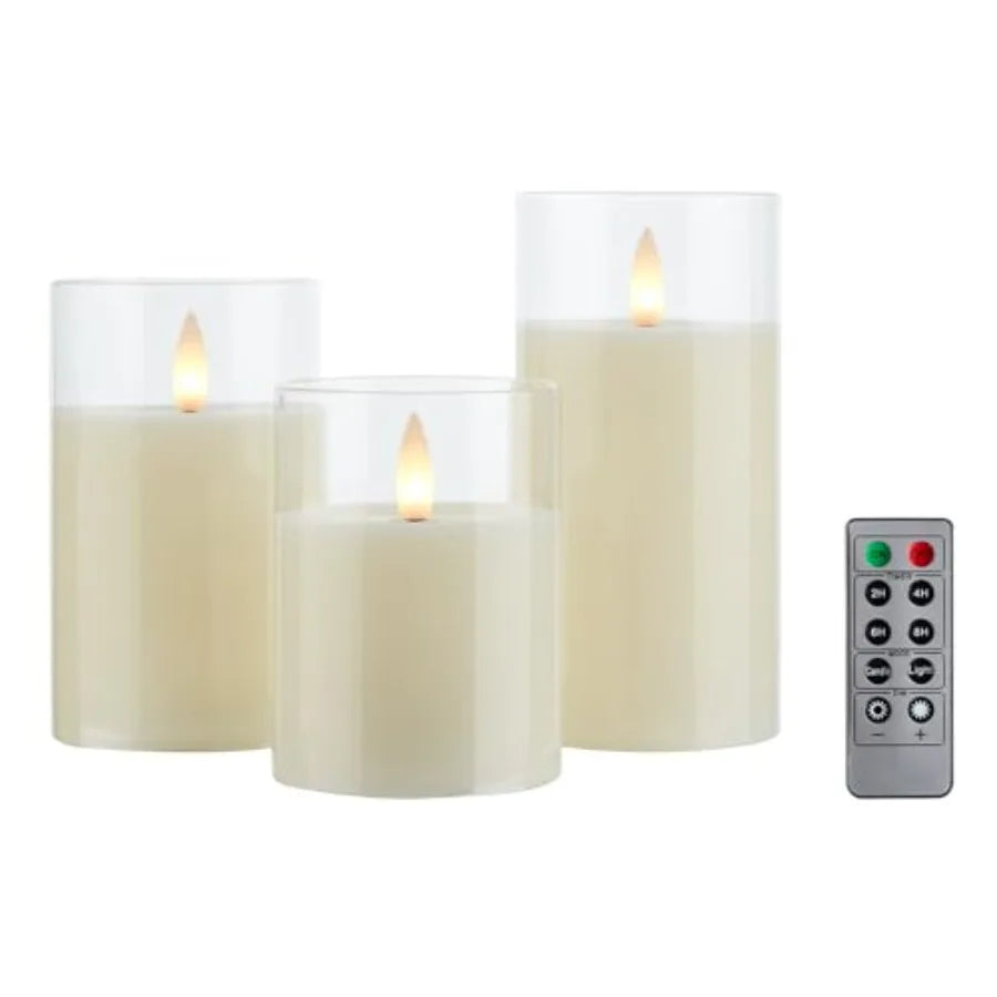 Glass Flameless Pillar Candles Flickering with Remote Timer, Battery Operated LED 3D Moving Flame Real Wax Candles, Remote Incl