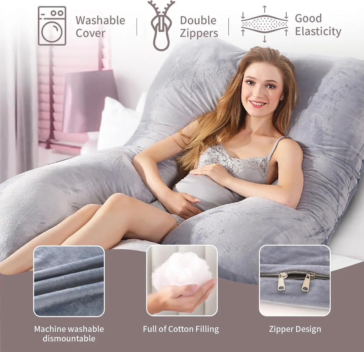 70*120cm Grey Crystal Velvet G Type Full Body Pregnancy Pillow Cooling Maternity Pillow for Sleeping with Removable Washable Cover for Pregnant Women