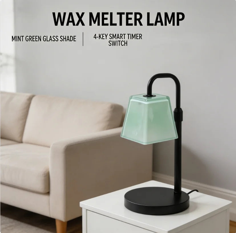 Mint Green Glass Shade Candle Warmer Lamp, 4-Key Smart Timer Electric Wax Melt Warmer with US Plug, Dimmable Wax Burner for Home Fragrance, Bedroom & Office Decor