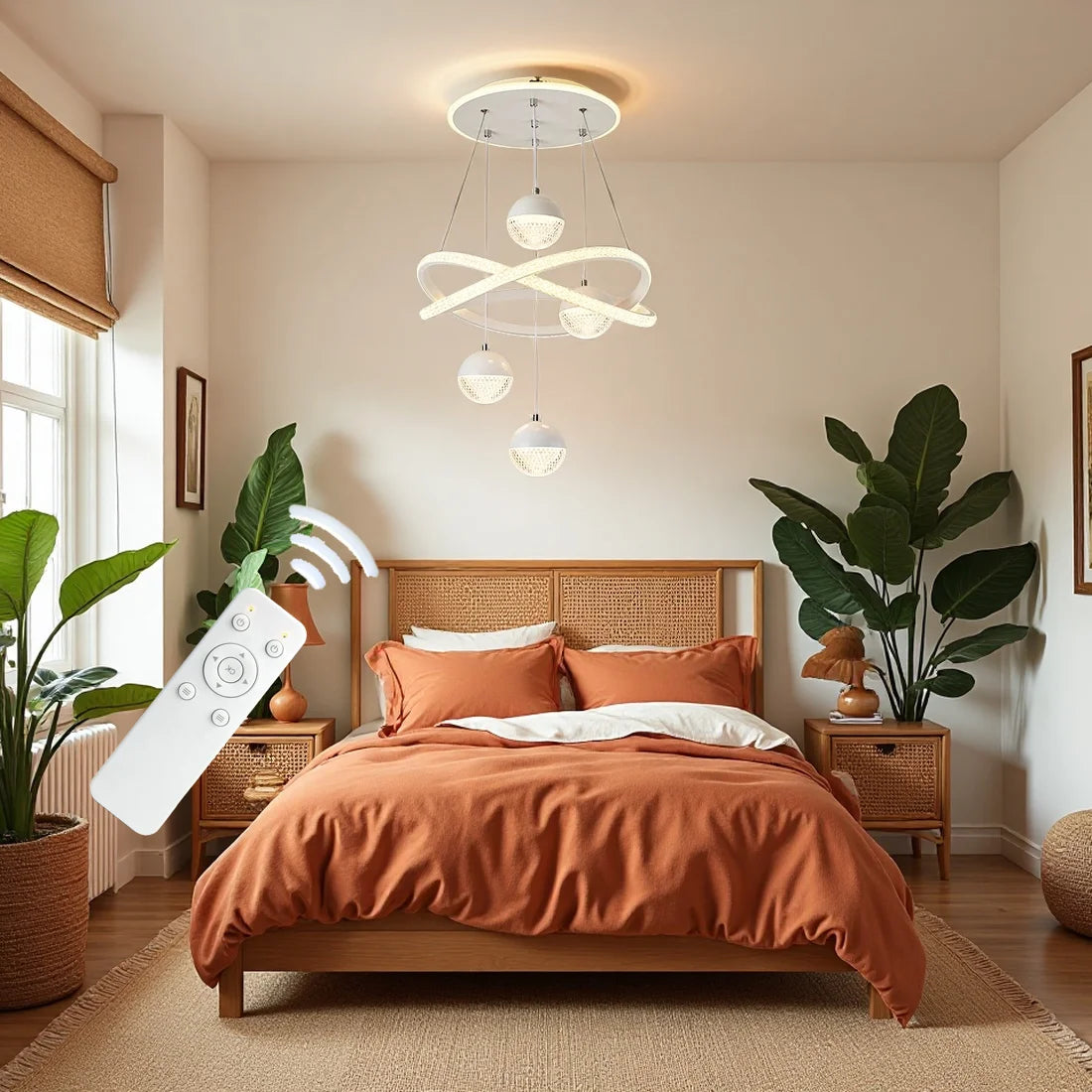 Modern LED Pendant Light with 4 Spherical Light Heads, Remote Control, Three Adjustable Light Colors, and Adjustable Height. Suitable for Above Dining Tables, Living Rooms, Bedrooms, and Home Offices.