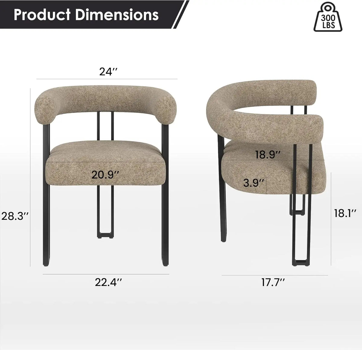 Set of 2 Upholstered Dining Arm Chairs, Bouclé Fabric Accent Chairs, Modern Armchairs with Cushioned Seat & Back