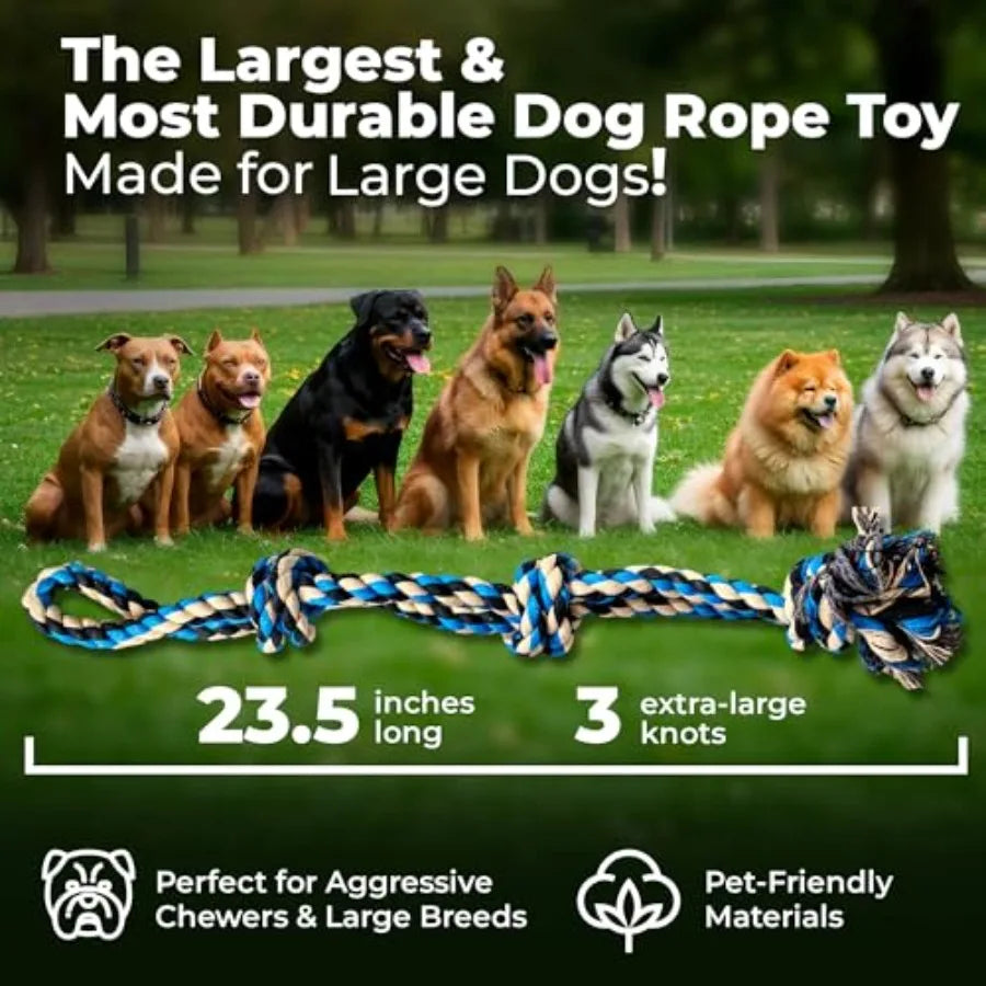 Large Dog Rope Toy, 23.5 inch, Blue Dog Rope Toy for Large Dogs, 3 Knot Tug of War Rope, Durable Dog Toy for Aggressive Chewers