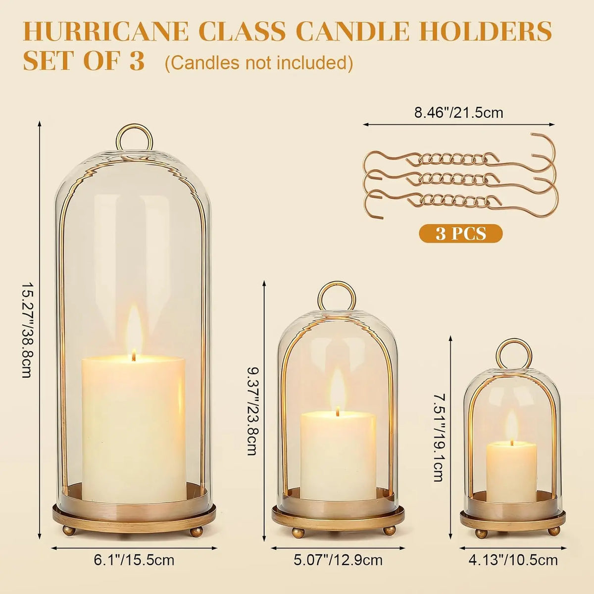 Hurricane Glass Candle Holders Set of 3, Brass Home Decor