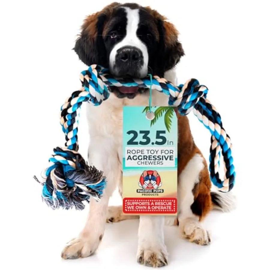 Large Dog Rope Toy, 23.5 inch, Blue Dog Rope Toy for Large Dogs, 3 Knot Tug of War Rope, Durable Dog Toy for Aggressive Chewers
