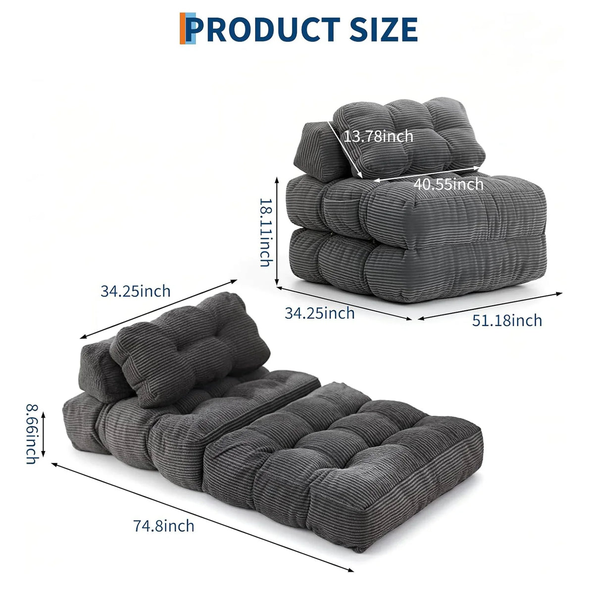 Folding Sofa Bed,Convertible Sleeper Chair with Pillow Foldable Mattress&Side Pocket, Fold Out Chair Bed Comfy Floor Sofa Lounge
