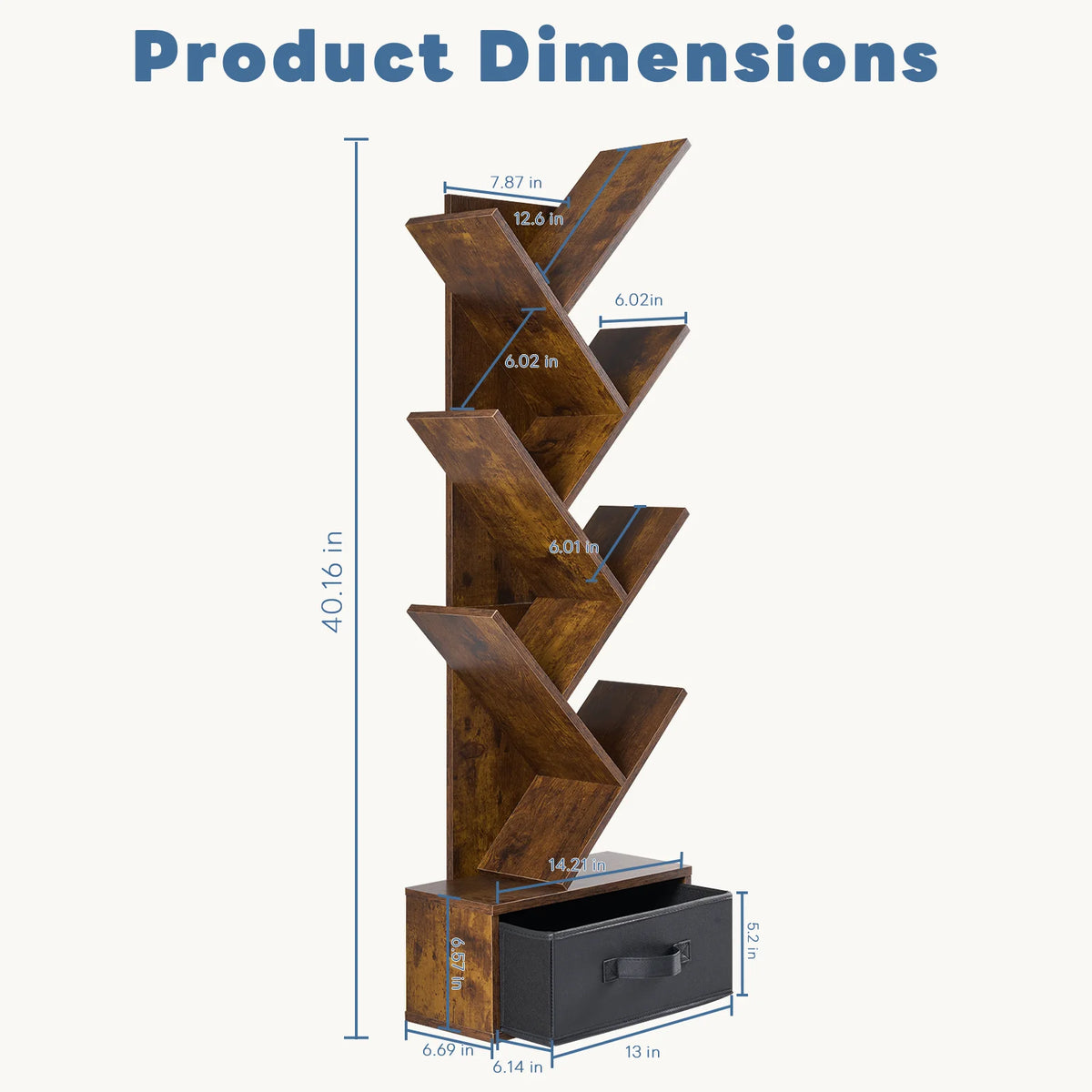 JHK 43IN Geometric Wooden Book Rack 7-Tier Tree Bookshelf Bookcase with Drawer Slim Corner Bookshelf for Home Small Spaces