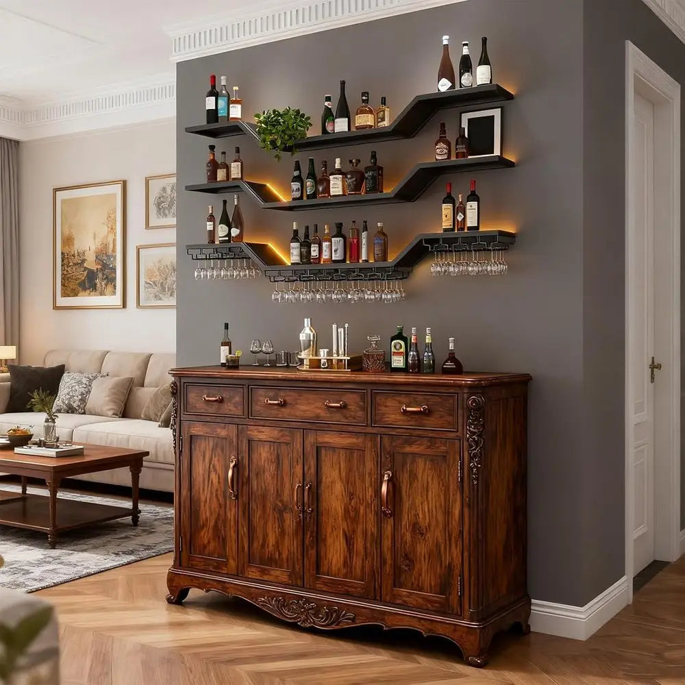39.4 Contemporary LED Wall-Mounted 3-Tier Wine Rack with Glass Holder, Black, Ideal for Home Bar & Dining Area