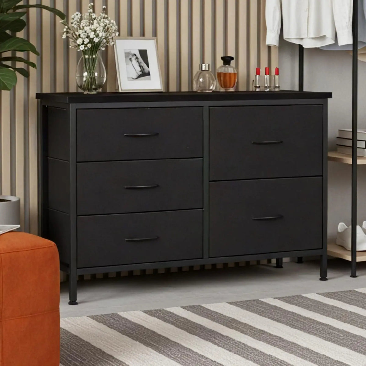 MCQ Cabinet With 5 Fabric Drawers Metal Frame Beside Nightstand Dresser TV Stand Tables Various Storage Display Home Furniture