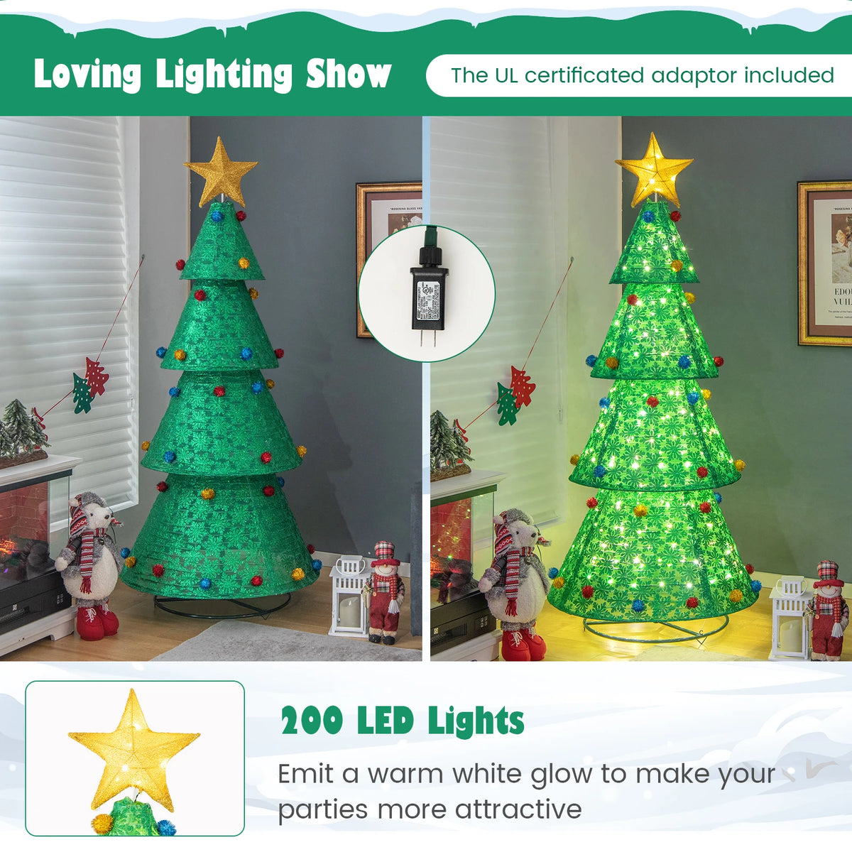 Pop-Up Christmas Tree Pull-Up Artificial Xmas Collapsible Decoration 200 Lights