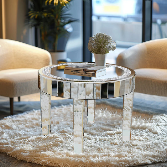 Round Mirrored Accent Table Silver Mirror Glass Tabletop with Bling Crushed Diamond Edge Frame and Crystal Mirror Legs