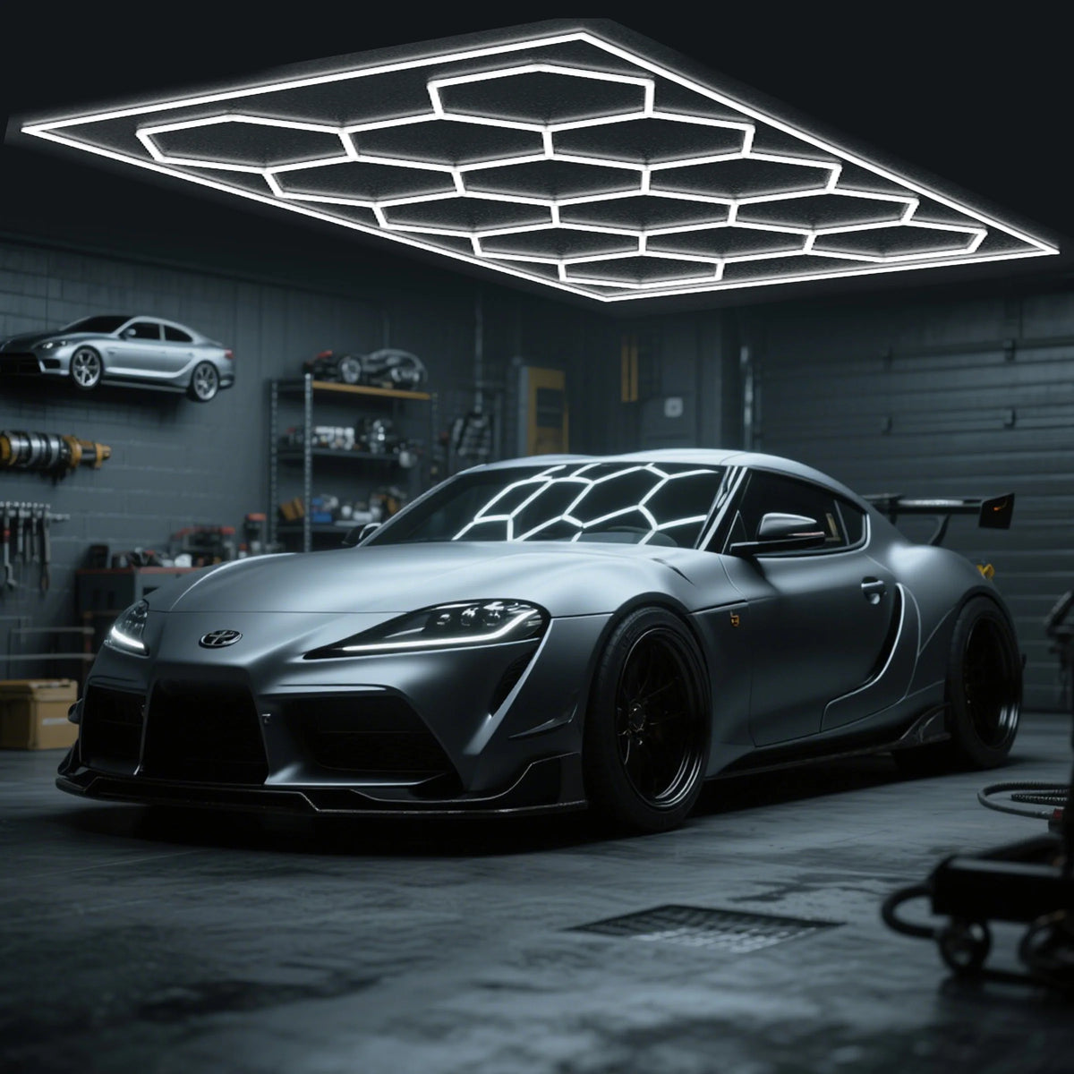 Hexagon LED Garage Light 700W 80000LM, Honeycomb Ceiling Light with Frame, LED Hexagonal Lighting for Car Detailing, Auto Repair Shop, Workshop, Showroom, Gym and Barbershop