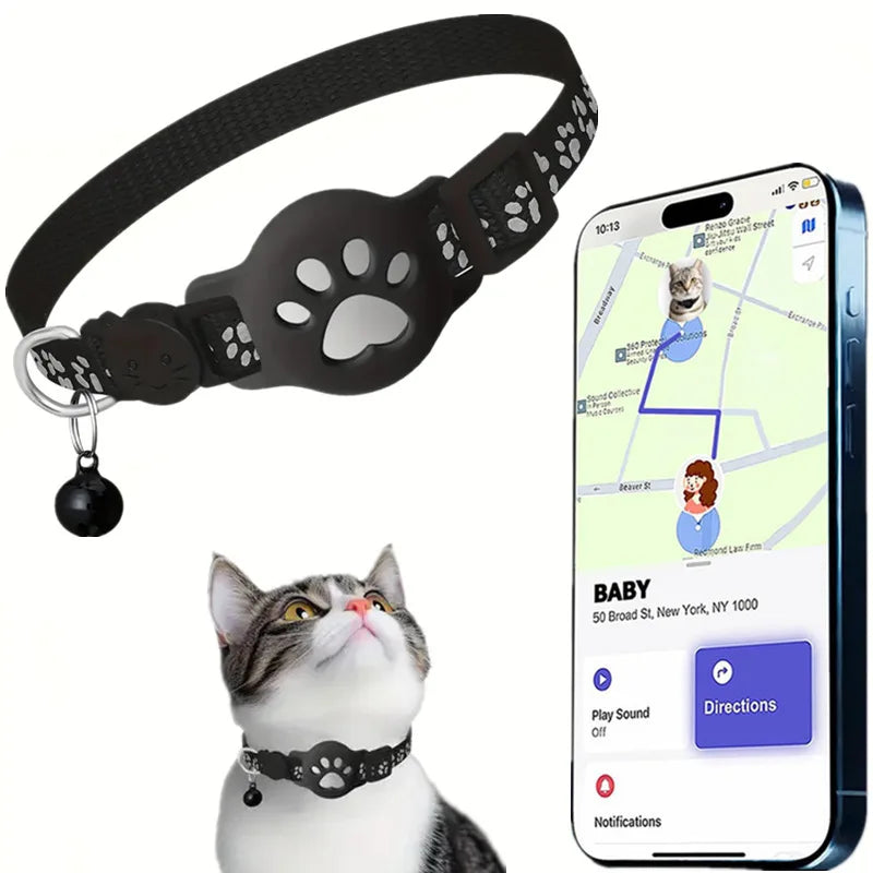 Night Safe Tracker Cat Collar Reflective Paw Design Works iOS & Android Breakaway Buckle Waterproof Anti-Lost Collar for Small Kittens