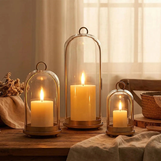 Hurricane Glass Candle Holders Set of 3, Brass Home Decor