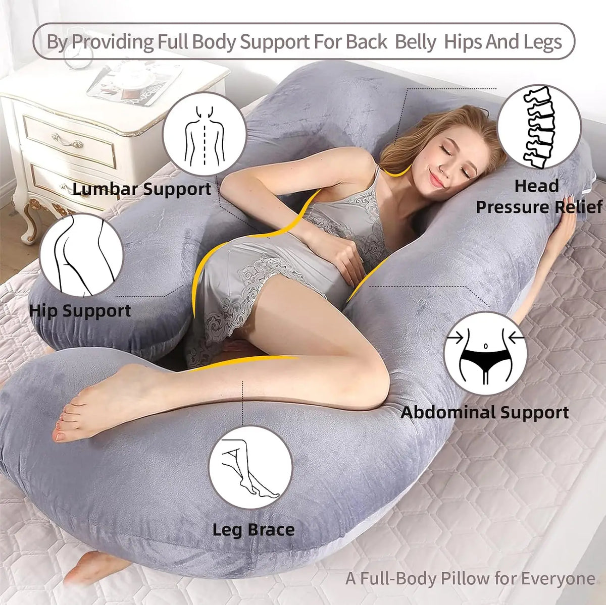 70*120cm Grey Crystal Velvet G Type Full Body Pregnancy Pillow Cooling Maternity Pillow for Sleeping with Removable Washable Cover for Pregnant Women