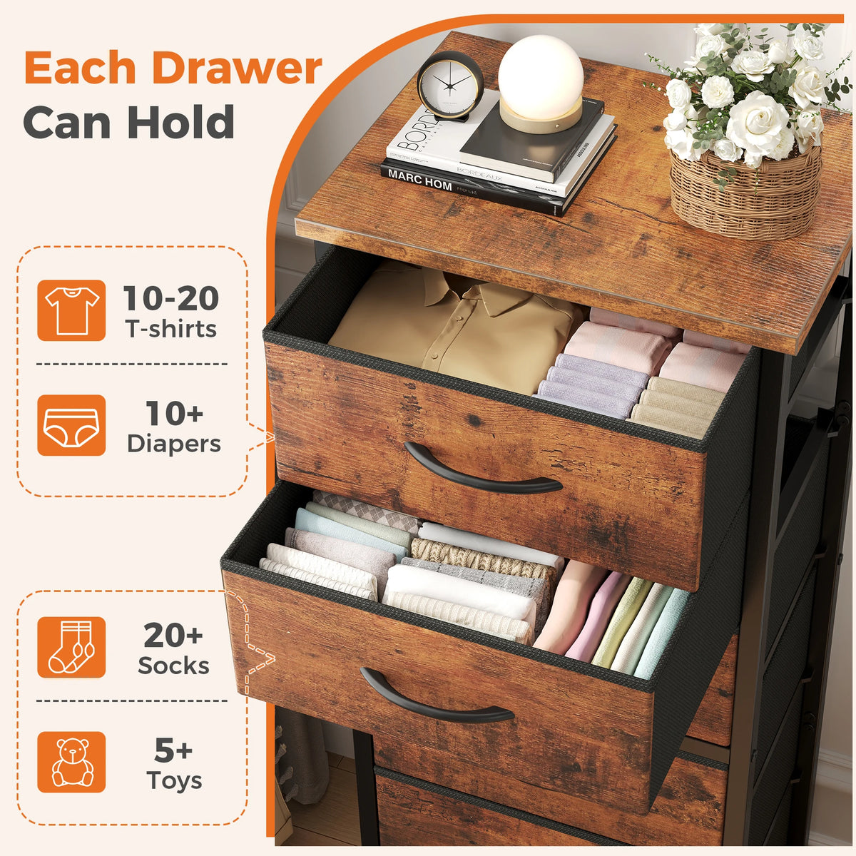 JHK Six Drawer Dresser With Wood Top And Metal Frame
