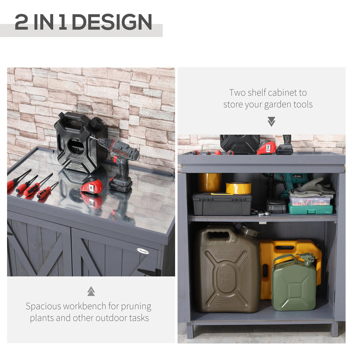 Garden Storage Cabinet Outdoor Tool Shed with Top and Two Shelves, Gray
