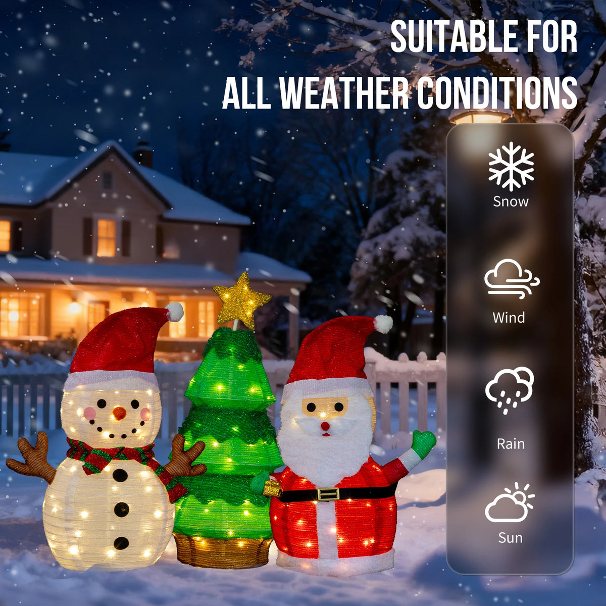 Set of 3 Lighted Santa and Snowman and Xmas Tree Christmas Decorations, Pre-lit Pull Up Holiday Decor with 150 Warm White LED Lights for Xmas Outdoor Indoor Decor Lighted Holiday Displays