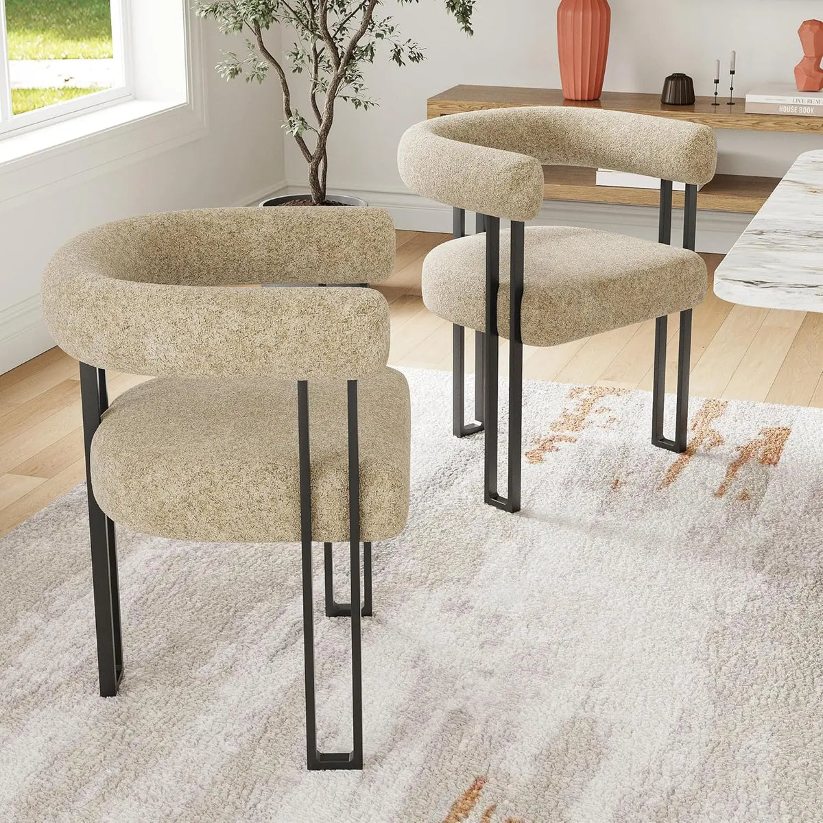 Set of 2 Upholstered Dining Arm Chairs, Bouclé Fabric Accent Chairs, Modern Armchairs with Cushioned Seat & Back