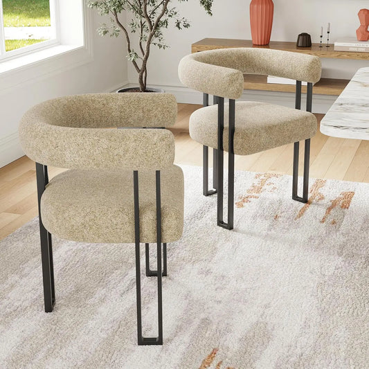 Set of 2 Upholstered Dining Arm Chairs, Bouclé Fabric Accent Chairs, Modern Armchairs with Cushioned Seat & Back
