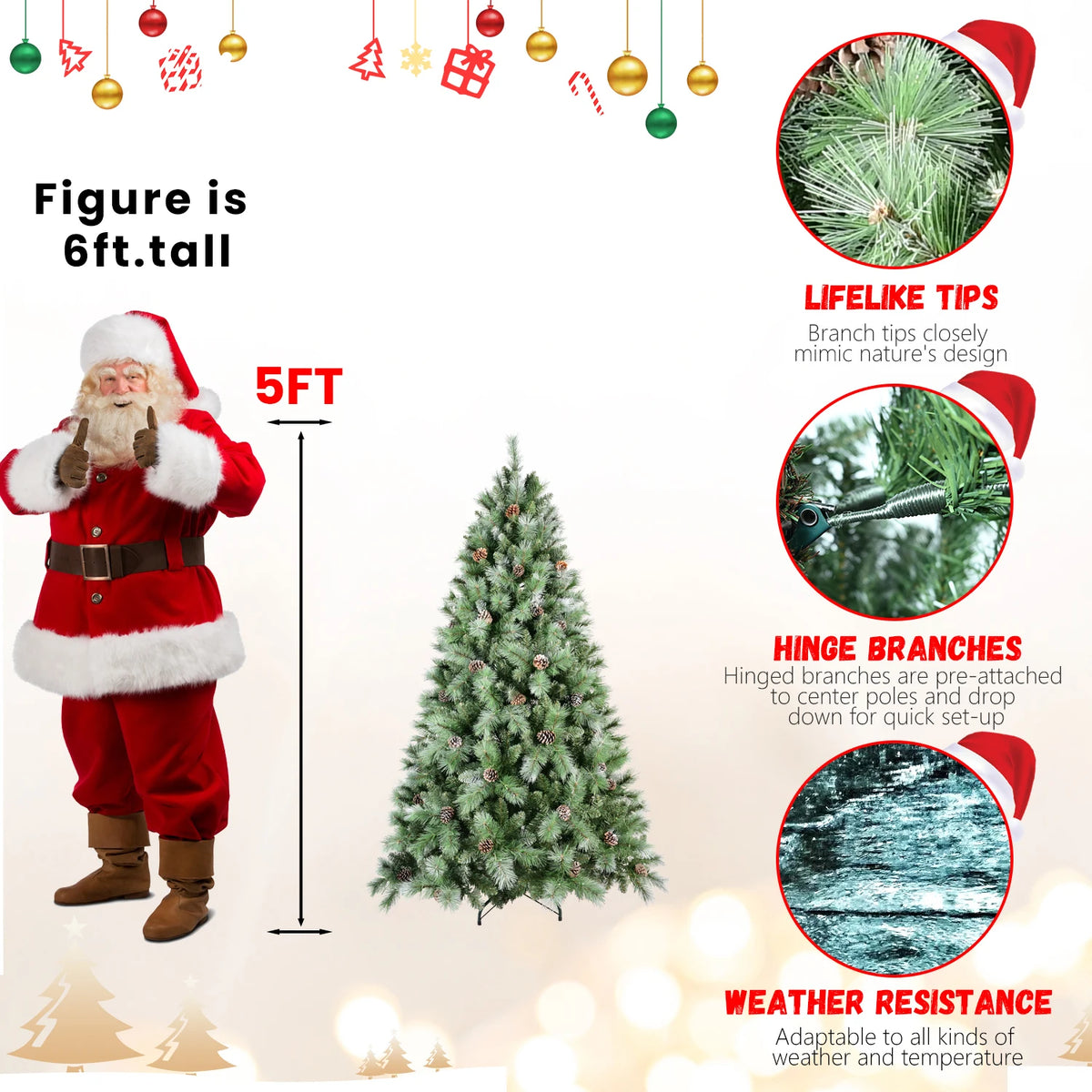 7.5ft Christmas Tree with 92 Pine Cones, 1588 Tip Mixed PVC & Hard Needle Hinged Construction, Easy Setup Artificial Holiday Tree with Heavy-Duty Metal Stand, Green